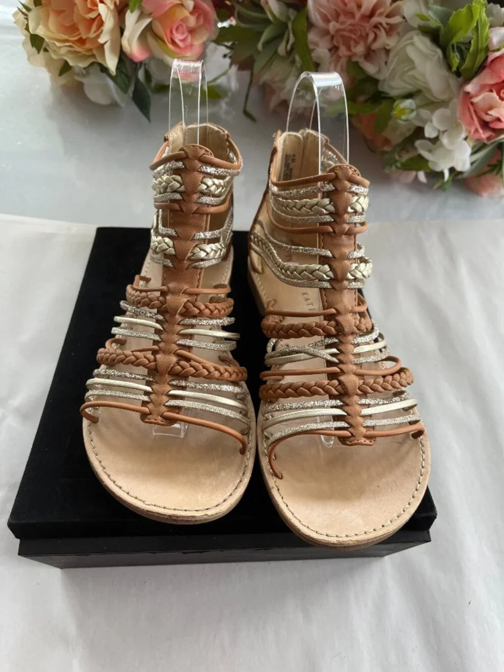 Kelly & Katie Maddy Gladiator Sandals Tan Gold Glitter Size 4M